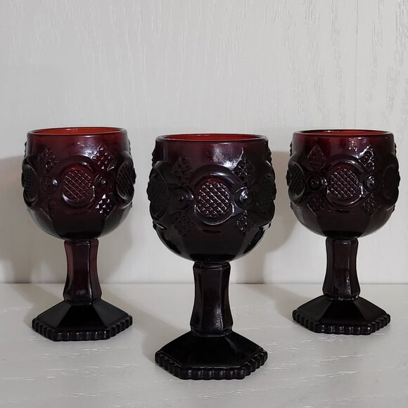 Avon Cape Cod, Ruby Red Set of Three Wine Glasses/ Holiday Votive Candle Holders - Picture 1 of 10